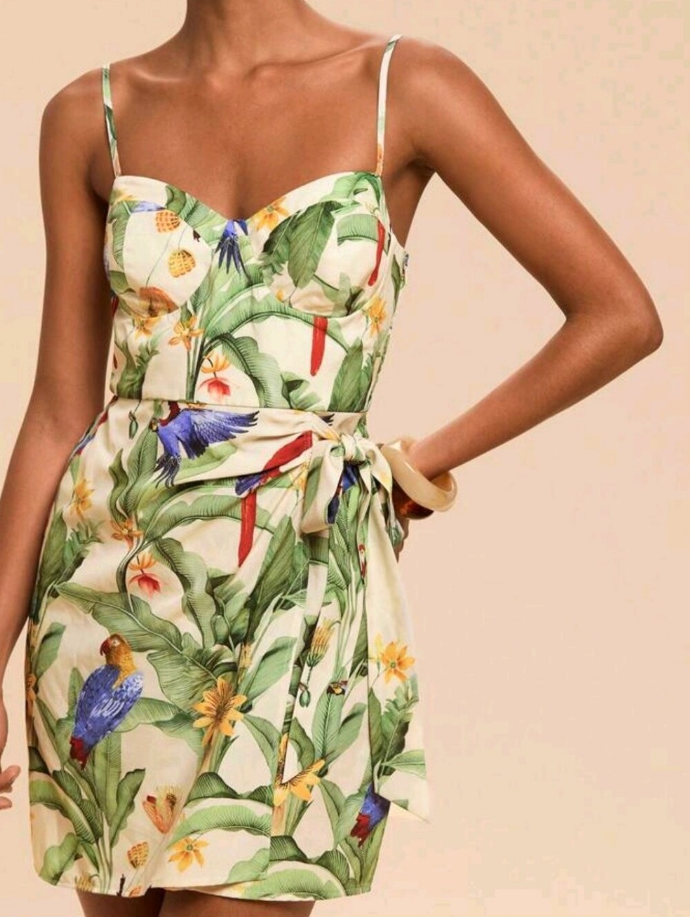New XL Tropical Parrot Print Sundress - Cream & Green